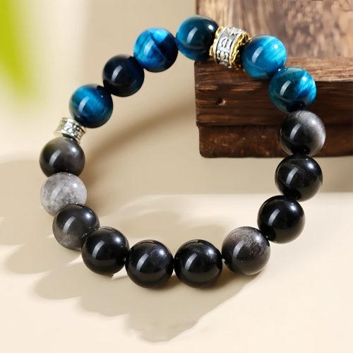 Pulsera de Fuerza y Protección en Ojo de Tigre Azul y Obsidiana Pulsera de Fuerza y Protección en Ojo de Tigre Azul y Obsidiana