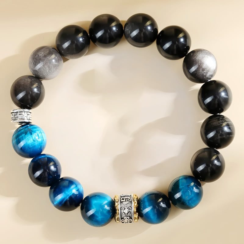 Blaues Tigerauge & Silberglanz-Obsidian: Armband für Schutz und innere Stärke Blue Tiger Eye Obsidian Strength Protection Bracelet