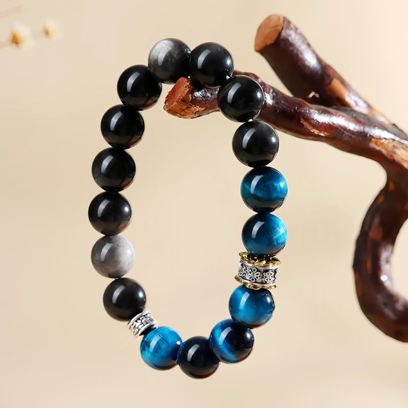 Blaues Tigerauge & Silberglanz-Obsidian: Armband für Schutz und innere Stärke Blue Tiger Eye Obsidian Strength Protection Bracelet