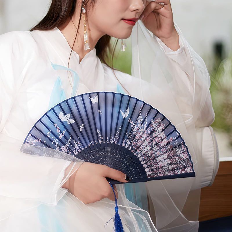 Handheld Bamboo Folding Fan with Butterfly Flowers Handheld Bamboo Folding Fan with Butterfly Flowers