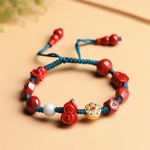 Pulseira de Cinábrio Natural e Buda Sorridente