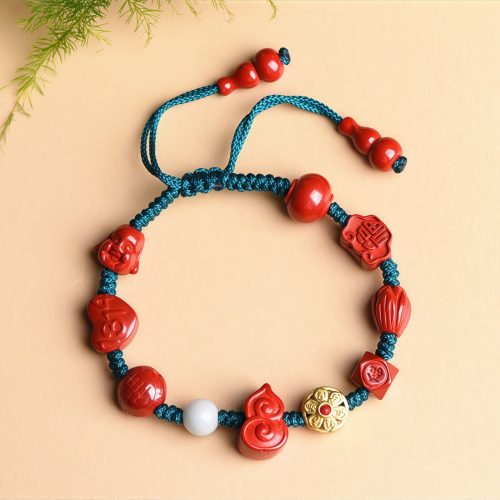 Pulseira de Cinábrio Natural e Buda Sorridente