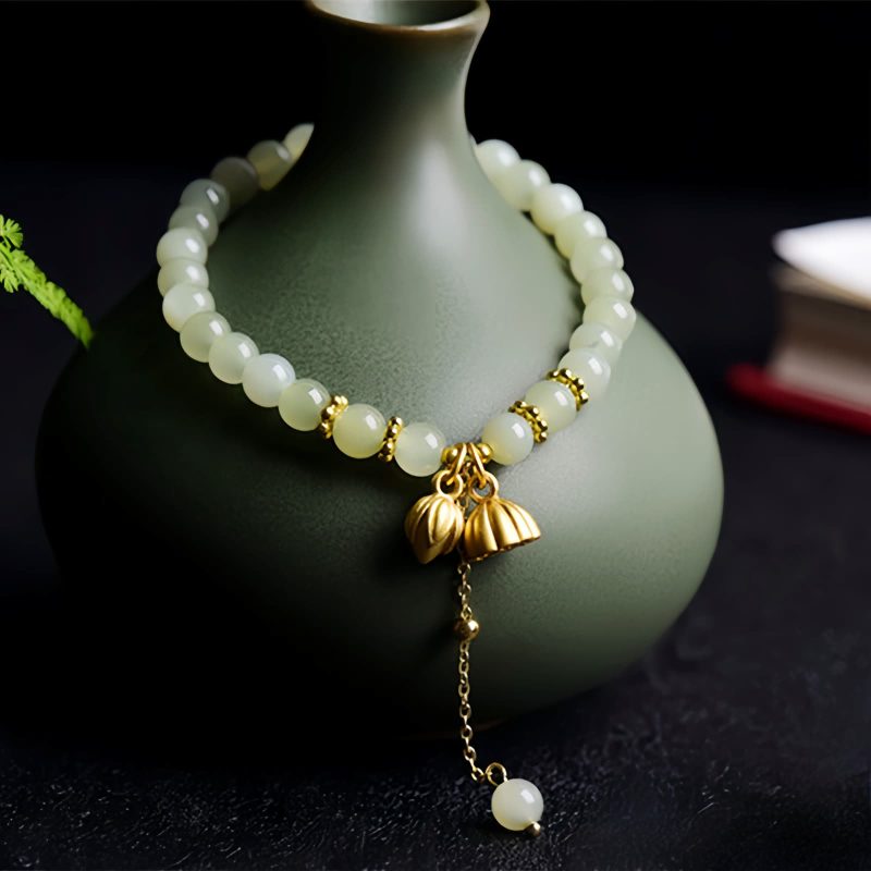 Natural Hetian Jade Lotus Charm Bracelet Natural Hetian Jade Lotus Charm Bracelet