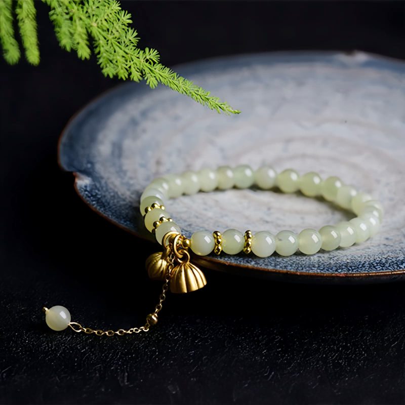 Natural Hetian Jade Lotus Charm Bracelet Natural Hetian Jade Lotus Charm Bracelet