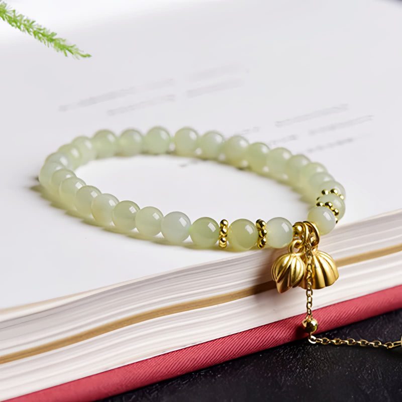 Natural Hetian Jade Lotus Charm Bracelet Natural Hetian Jade Lotus Charm Bracelet