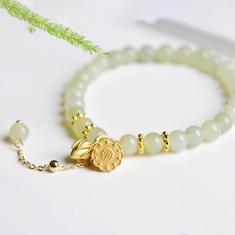 Natural Hetian Jade Lotus Charm Bracelet Natural Hetian Jade Lotus Charm Bracelet