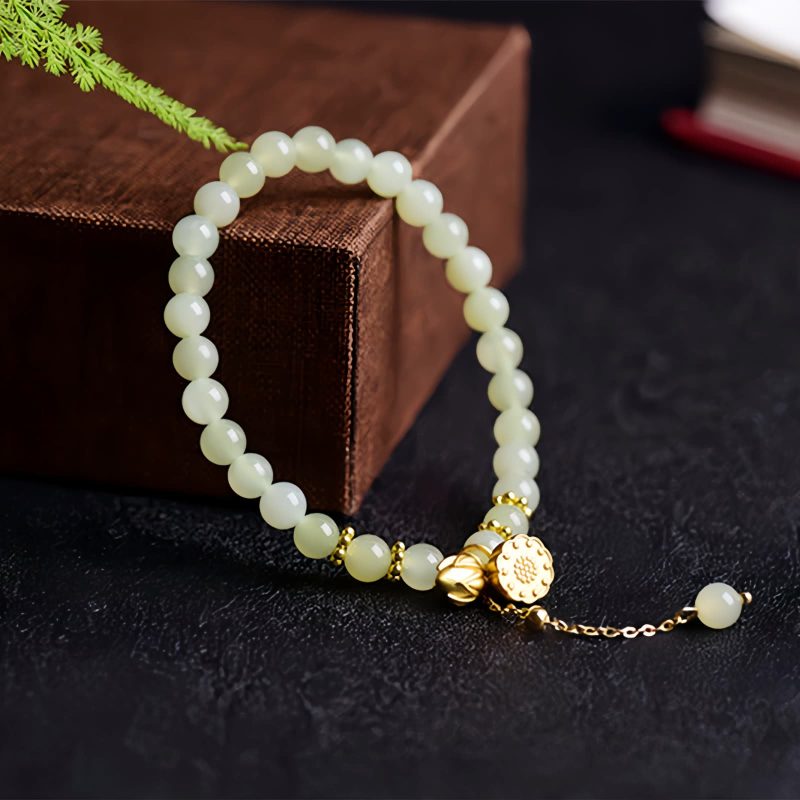 Natural Hetian Jade Lotus Charm Bracelet Natural Hetian Jade Lotus Charm Bracelet