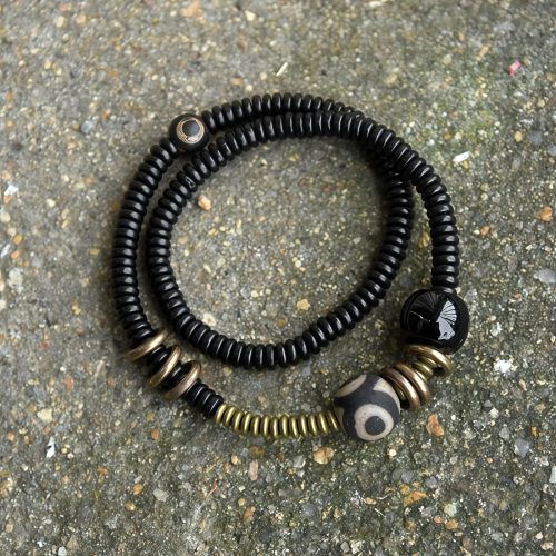チベット天珠 二重巻き ブレスレット - 黒檀・緑檀・オニキス チベット天珠 二重巻き ブレスレット - 黒檀・緑檀・オニキス