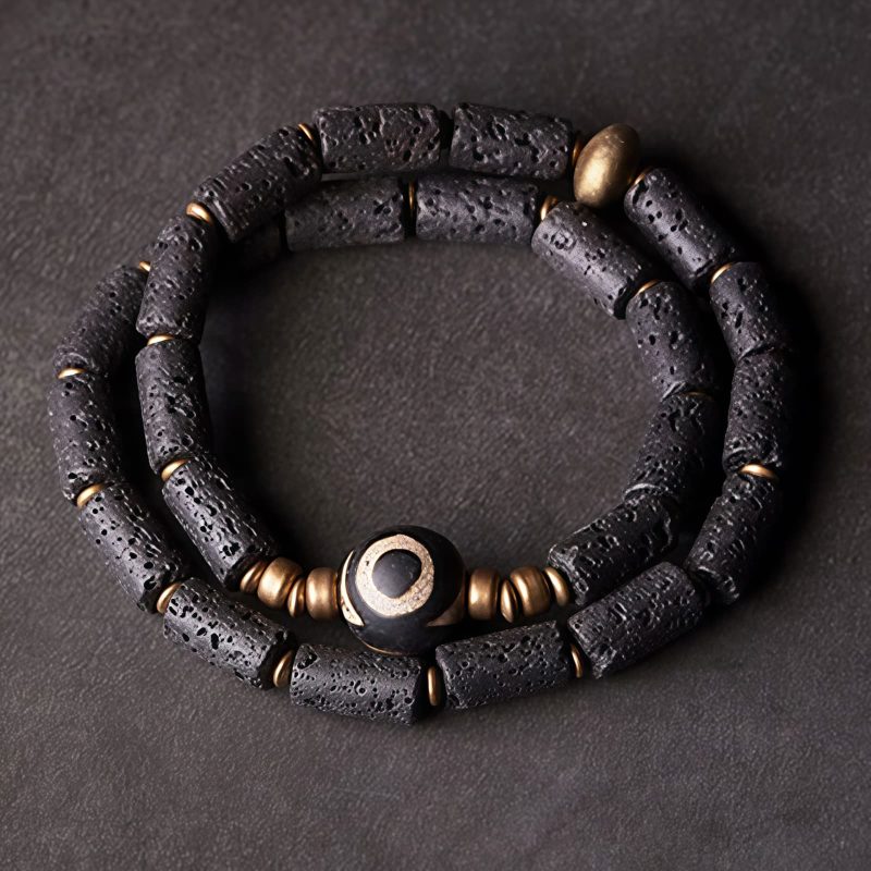 Tibetan Three-eyed Dzi Bead Lava Rock Protection Bracelet Tibetan Three-eyed Dzi Bead Lava Rock Protection Bracelet