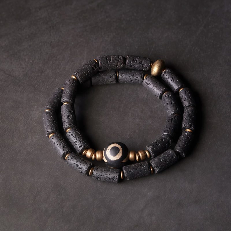 Tibetan Three-eyed Dzi Bead Lava Rock Protection Bracelet Tibetan Three-eyed Dzi Bead Lava Rock Protection Bracelet