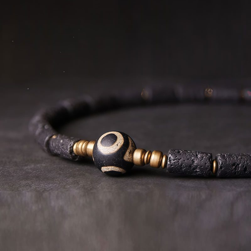 Tibetan Three-eyed Dzi Bead Lava Rock Protection Bracelet Tibetan Three-eyed Dzi Bead Lava Rock Protection Bracelet