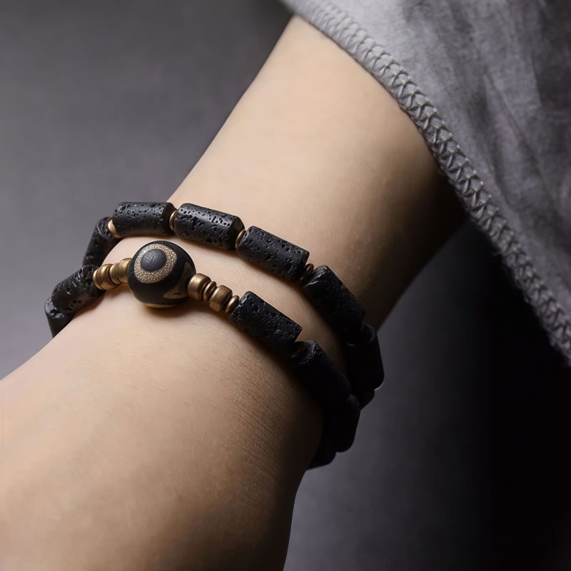 Tibetan Three-eyed Dzi Bead Lava Rock Protection Bracelet Tibetan Three-eyed Dzi Bead Lava Rock Protection Bracelet