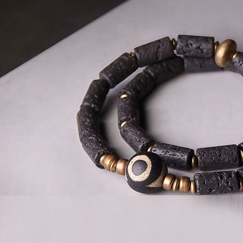 Tibetan Three-eyed Dzi Bead Lava Rock Protection Bracelet Tibetan Three-eyed Dzi Bead Lava Rock Protection Bracelet