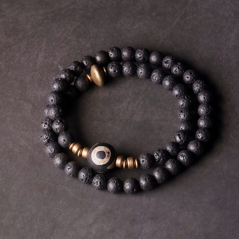 Vintage Lava Rock Healing Bracelet with Three-eyed Dzi Bead Vintage Lava Rock Healing Bracelet with Three-eyed Dzi Bead