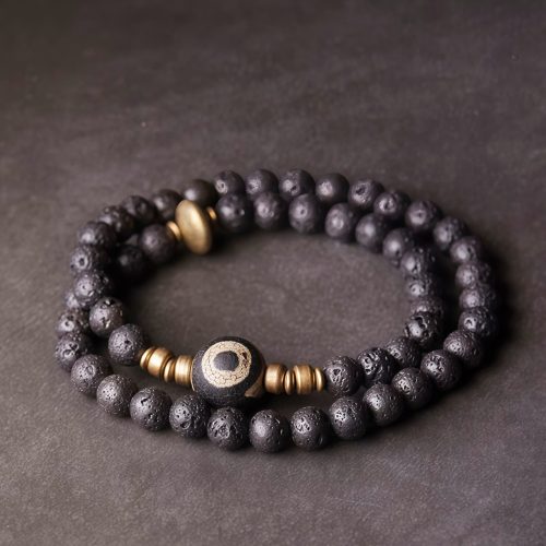 Vintage Lava Rock Healing Bracelet with Three-eyed Dzi Bead Vintage Lava Rock Healing Bracelet with Three-eyed Dzi Bead