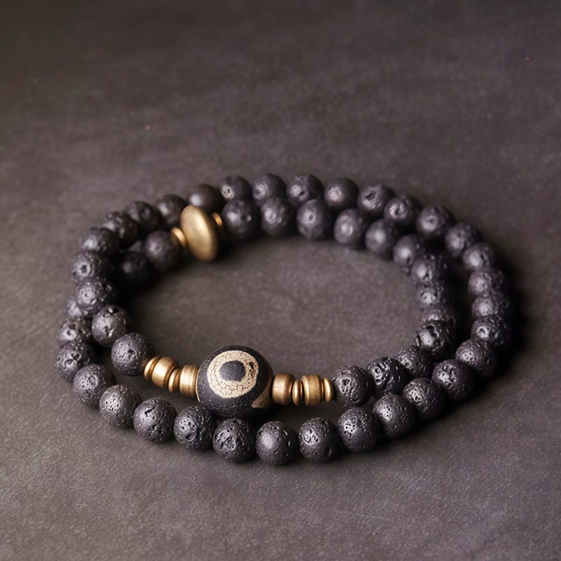 Vintage Lava Rock Healing Bracelet with Three-eyed Dzi Bead Vintage Lava Rock Healing Bracelet with Three-eyed Dzi Bead