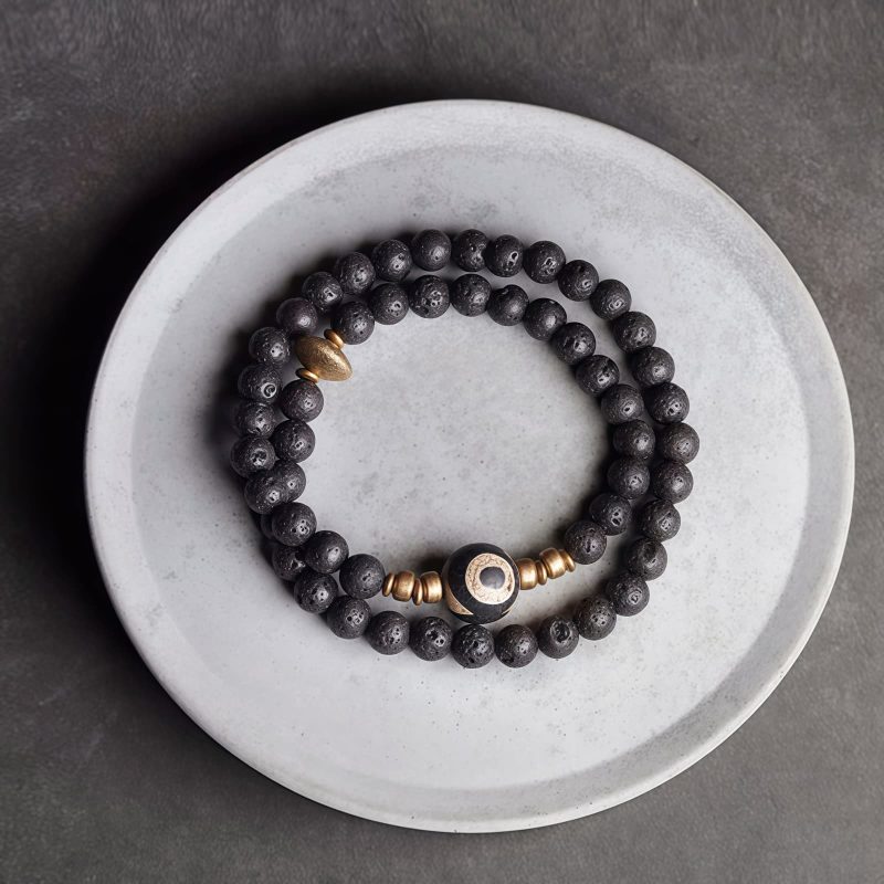 Vintage Lava Rock Healing Bracelet with Three-eyed Dzi Bead Vintage Lava Rock Healing Bracelet with Three-eyed Dzi Bead