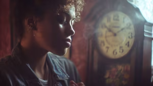 A person subtly noticing repeating numbers on a clock or digital display, suggesting synchronicity.
