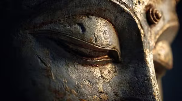 Photorealistic image of a Buddha statue with a prominent urna on its forehead.