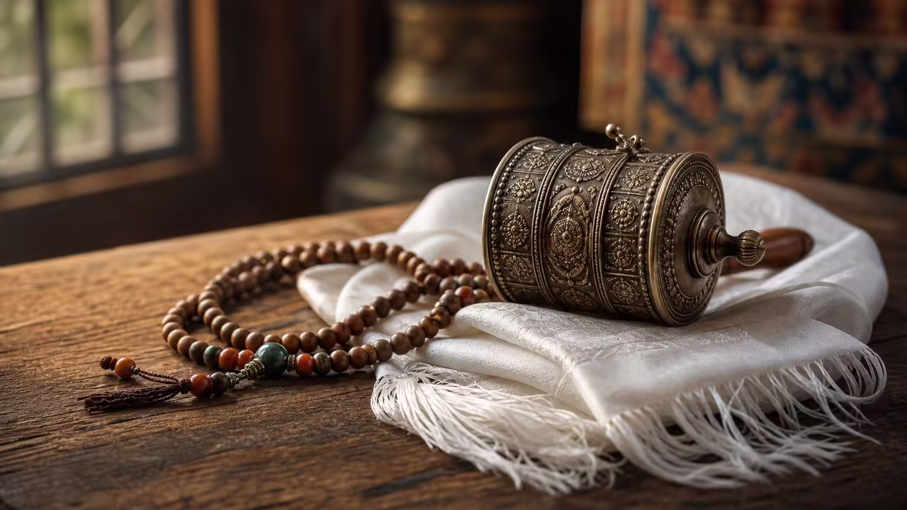 Rueda de plegarias Tashi Delek y Khata Rueda de plegarias tibetana con cuentas de mala y una bufanda khata blanca que simboliza bendiciones e intenciones conscientes.
