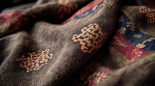 A close-up of intricately hand-woven traditional Tibetan fabric.