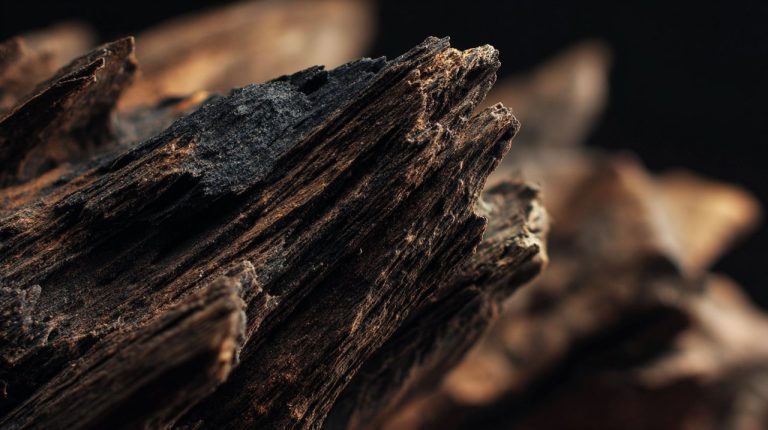 Close-up of agarwood showing dark resin