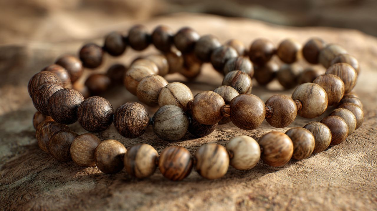 Two agarwood malas, one dark and dense, one lighter