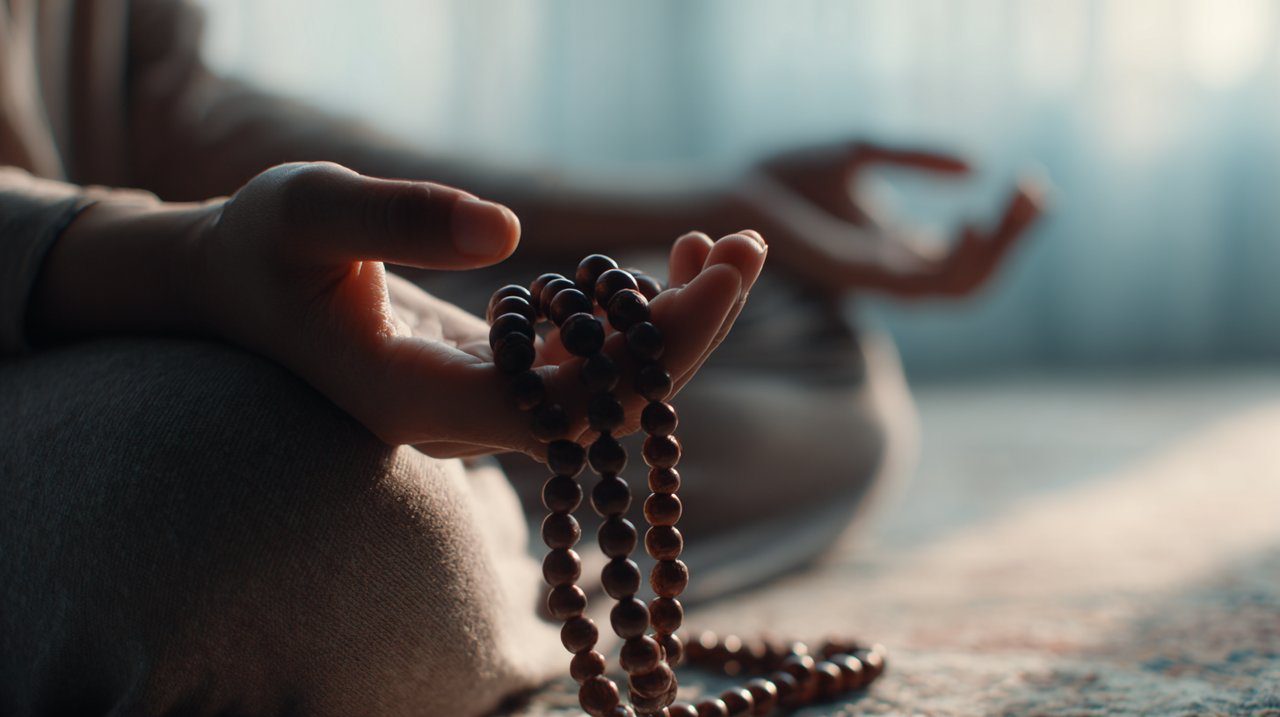 Person meditating with an agarwood mala