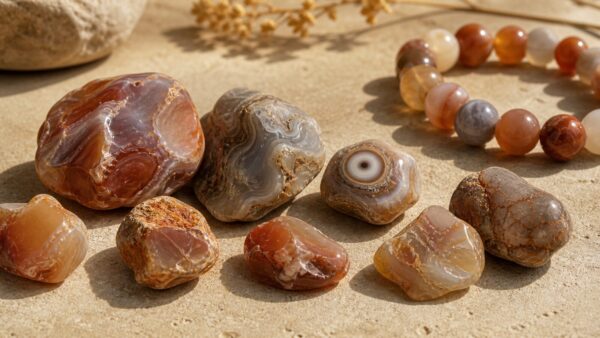 Alashan Agate Gobi stones with natural banding, patina, and bracelet beads