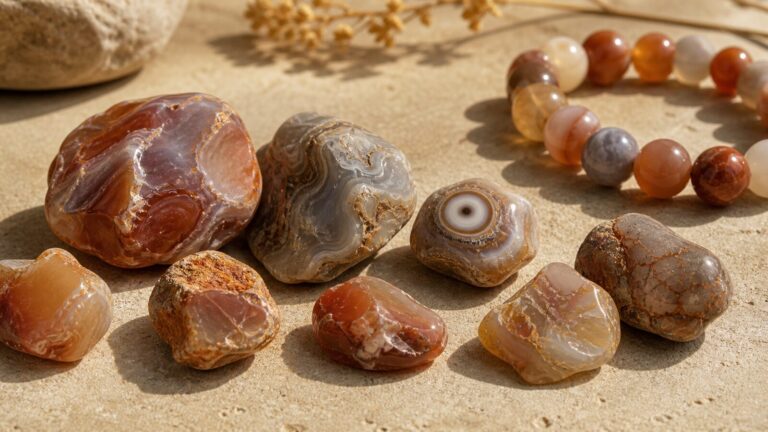 Alashan Agate Gobi stones with natural banding, patina, and bracelet beads