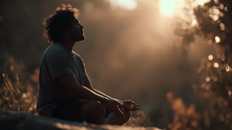 A person meditating in a peaceful, natural setting, practicing deep breathing for grounding.