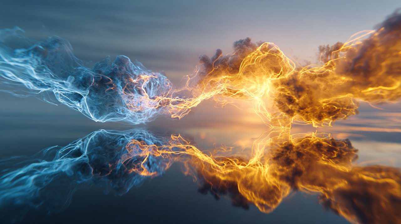 A symbolic representation of balanced energy, with intertwining light streams in harmony.