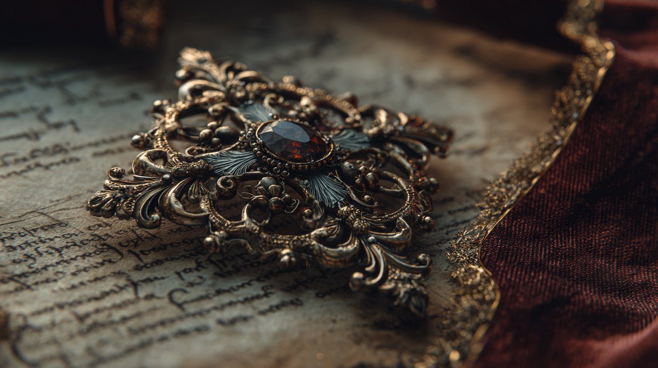 A vintage, ornate brooch resting on a historical document.