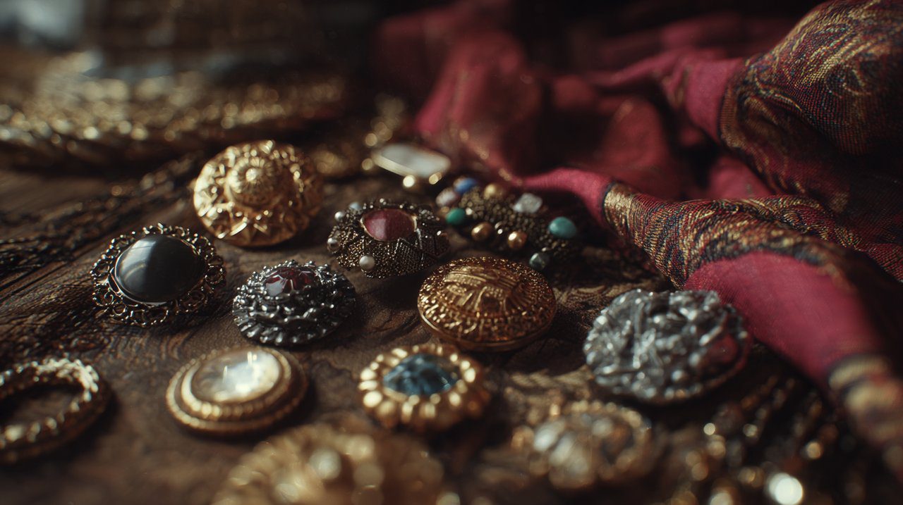 A collection of diverse brooches on a textured fabric, evoking personal stories.