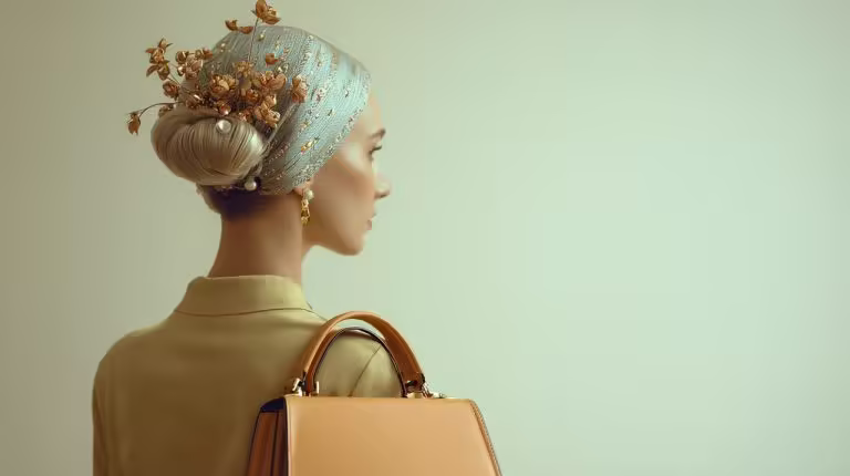 A stylish person wearing brooches on a hat, bag, and in their hair.