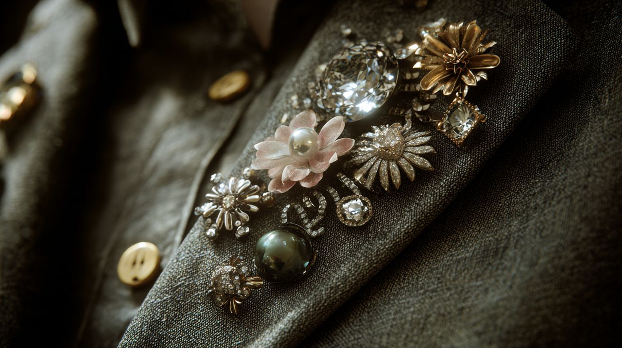 A close-up of several unique brooches clustered together on a garment.