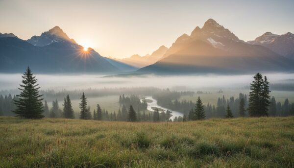 A serene sunrise over a misty mountain valley with soft golden light