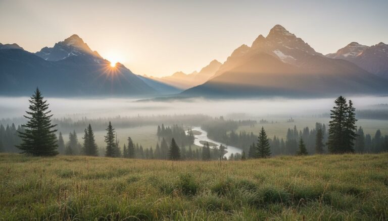 A serene sunrise over a misty mountain valley with soft golden light
