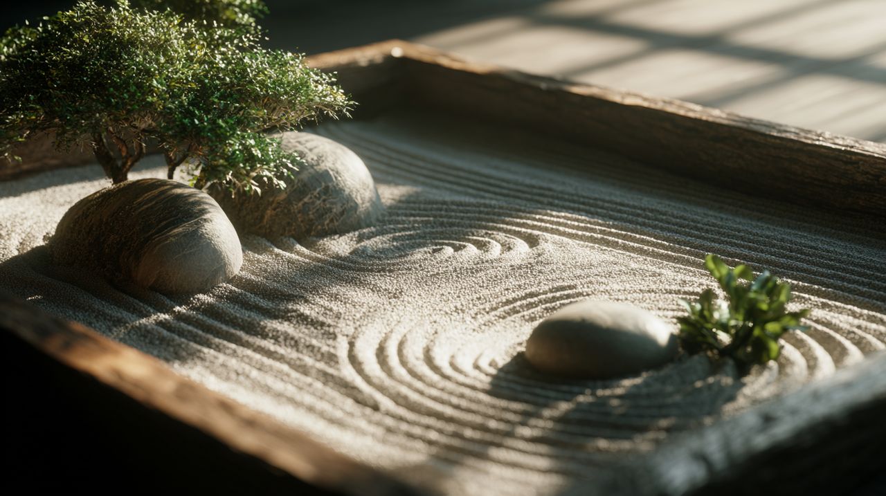 A serene and meticulously arranged DIY meditation Zen garden.
