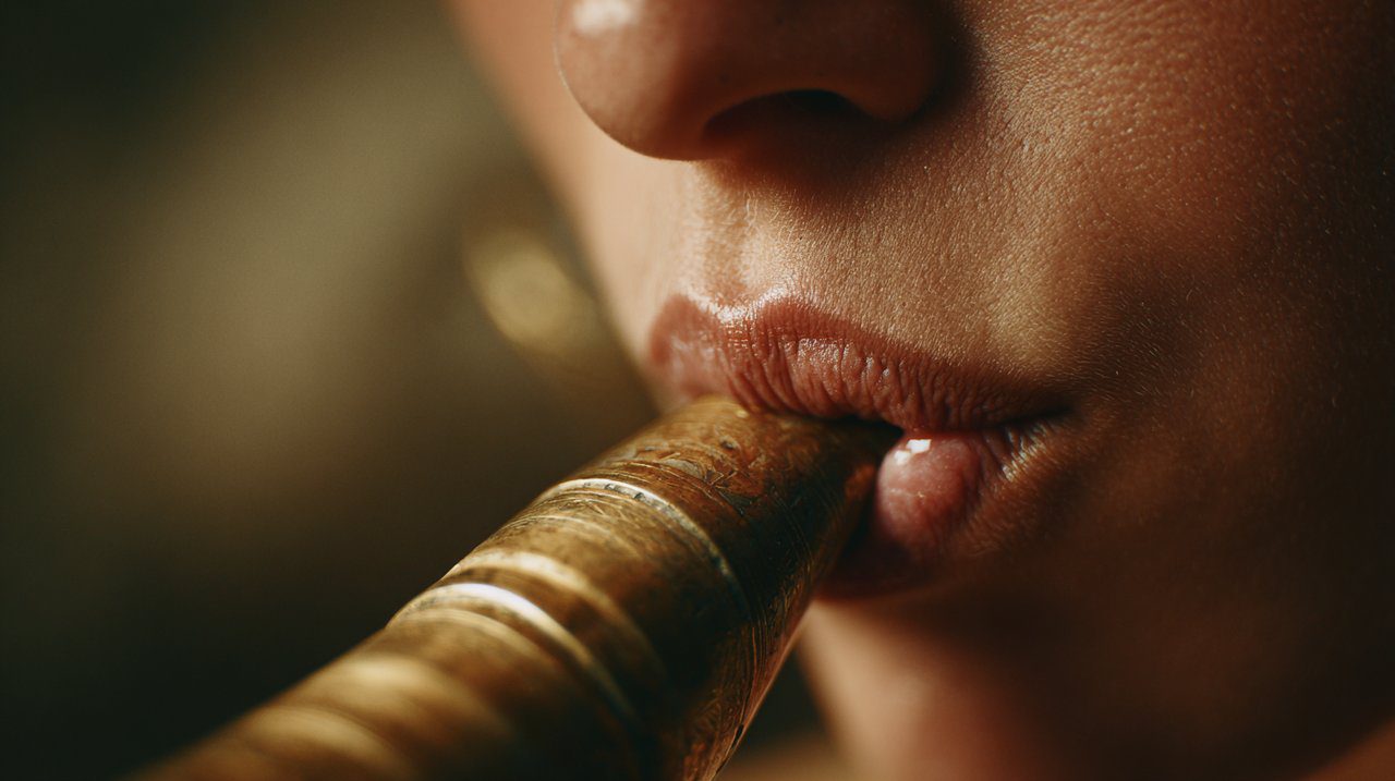 A person gently blowing into a Tibetan conch trumpet, focusing on breath and sound creation.