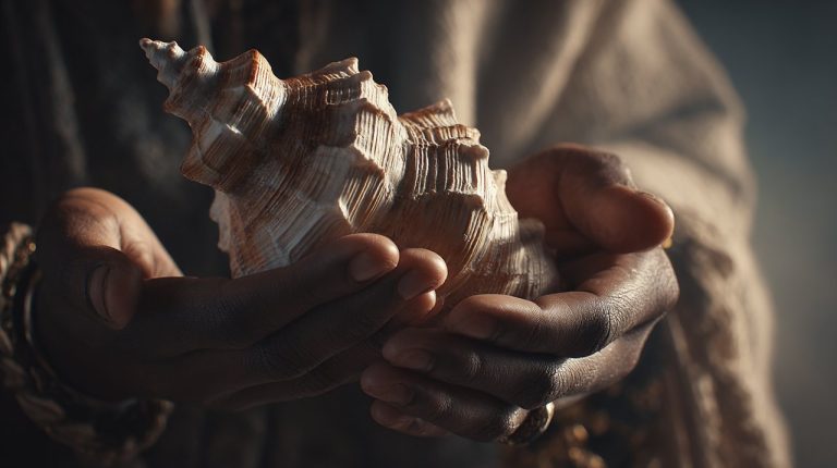 A person gently holding a Tibetan conch trumpet in a serene setting, evoking reverence.