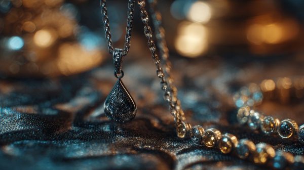 A close-up of a pendant and a necklace side-by-side.