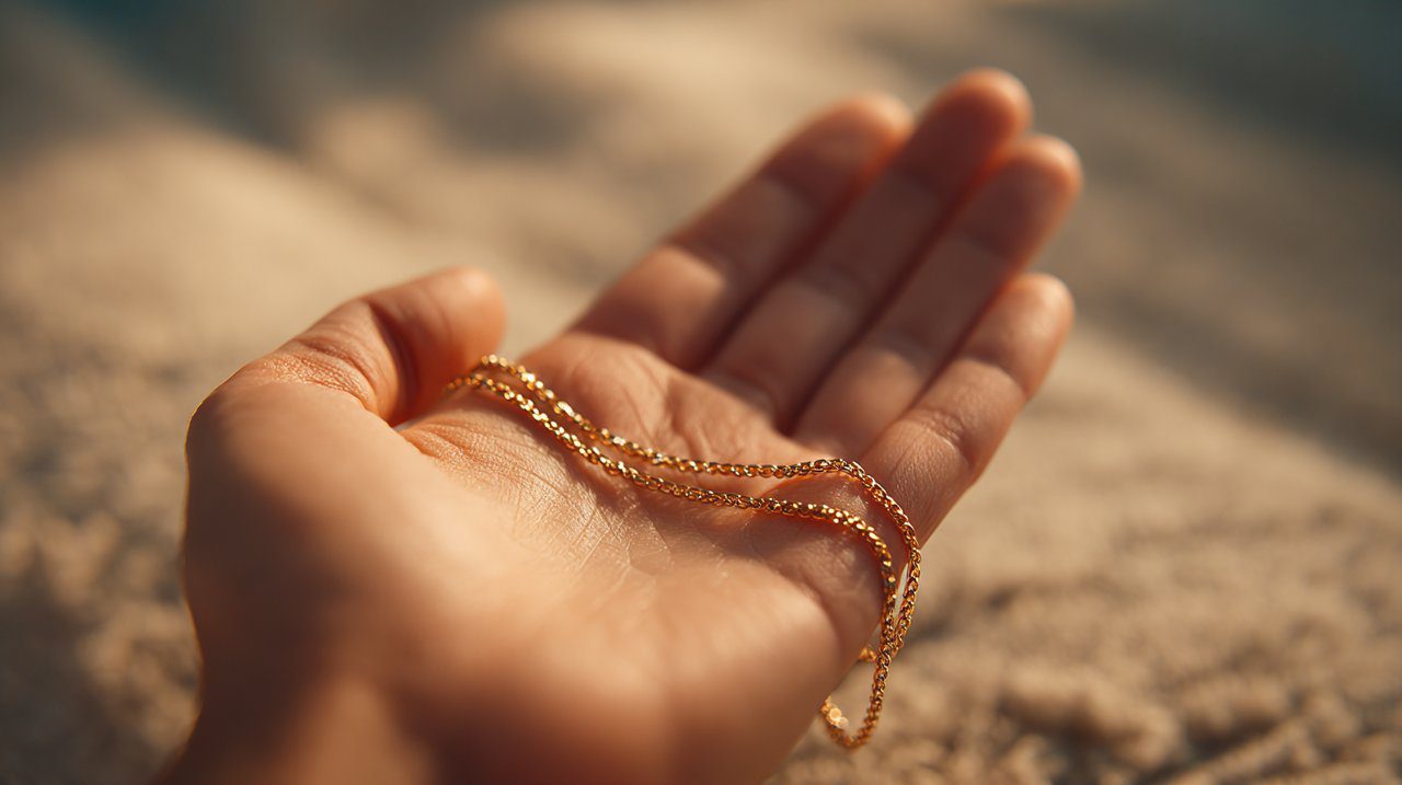 Person's hand holding a gold and a silver anklet, representing an intuitive choice.