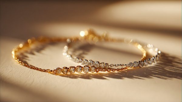 Close-up of a gold anklet and a silver anklet, showcasing their distinct energies.