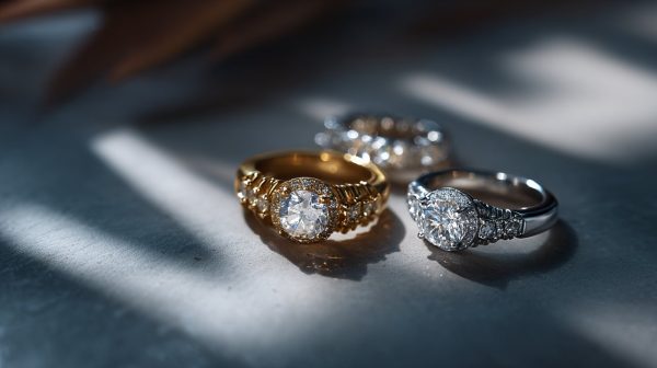 Three distinct jewelry pieces made of gold, silver, and platinum.