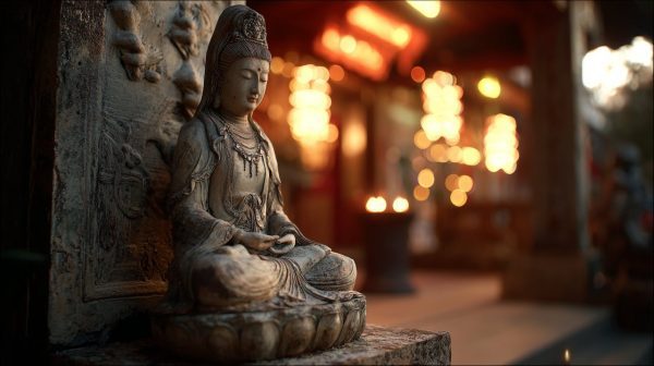 A photorealistic statue of Kwan Yin, serene and graceful, in a temple setting.