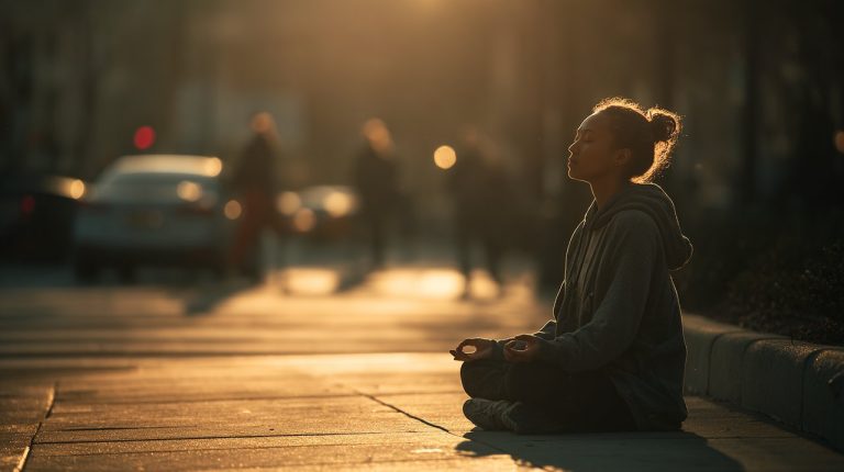 A serene person meditating on a quiet sidewalk next to a softly blurred bustling street.