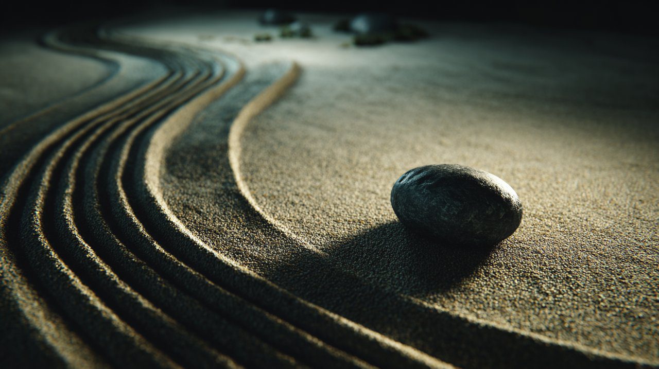 A minimalist Zen garden with a few stones and perfectly raked sand, demonstrating the principle of yohaku-no-bi.