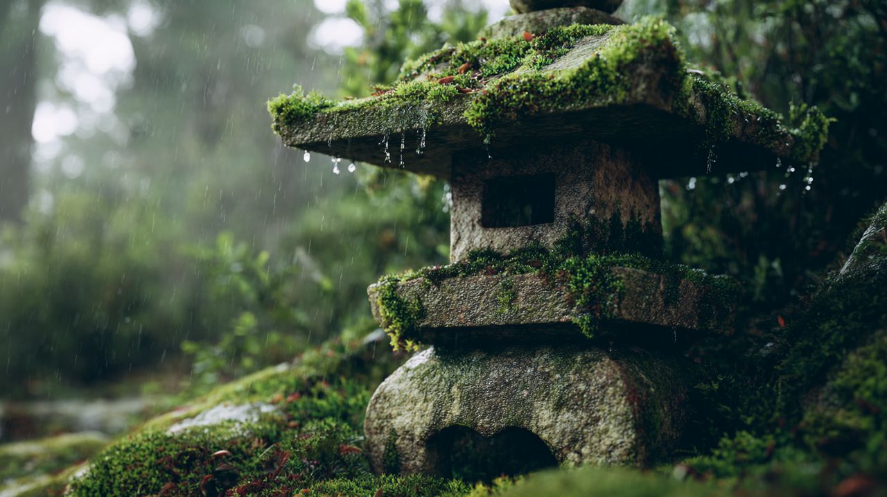 A close-up of a weathered stone lantern with moss growing on it, embodying the Wabi-Sabi aesthetic.