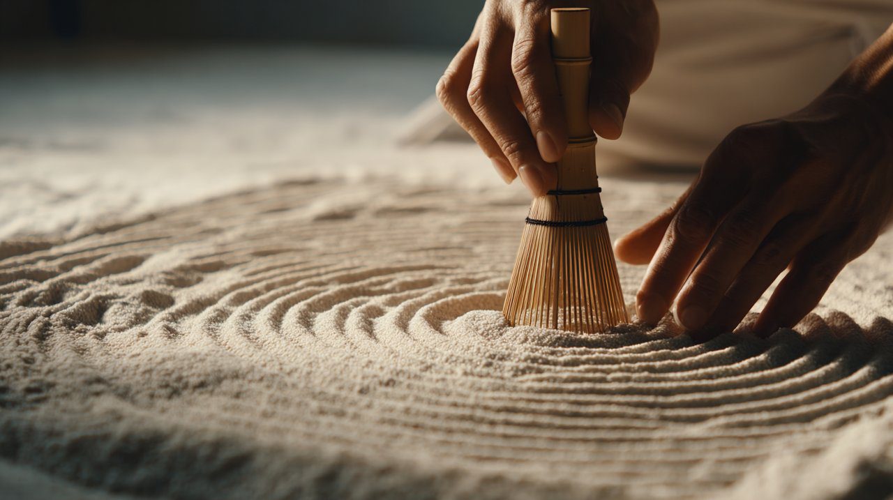 Hands gently raking sand in a small Zen garden with a bamboo rake.